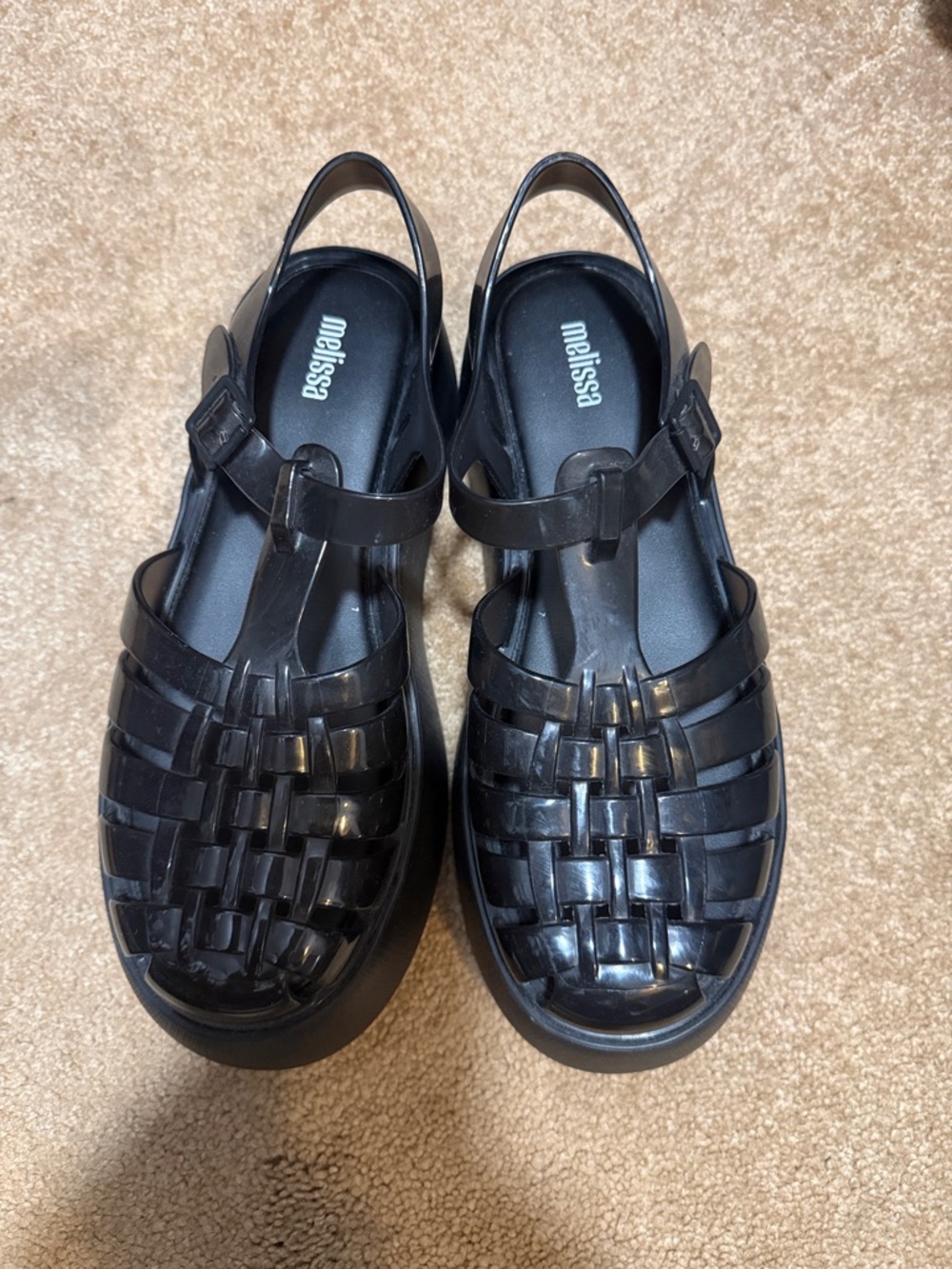 Melissa Kids Black Glossy Woven Jelly Sandals with Ankle Strap